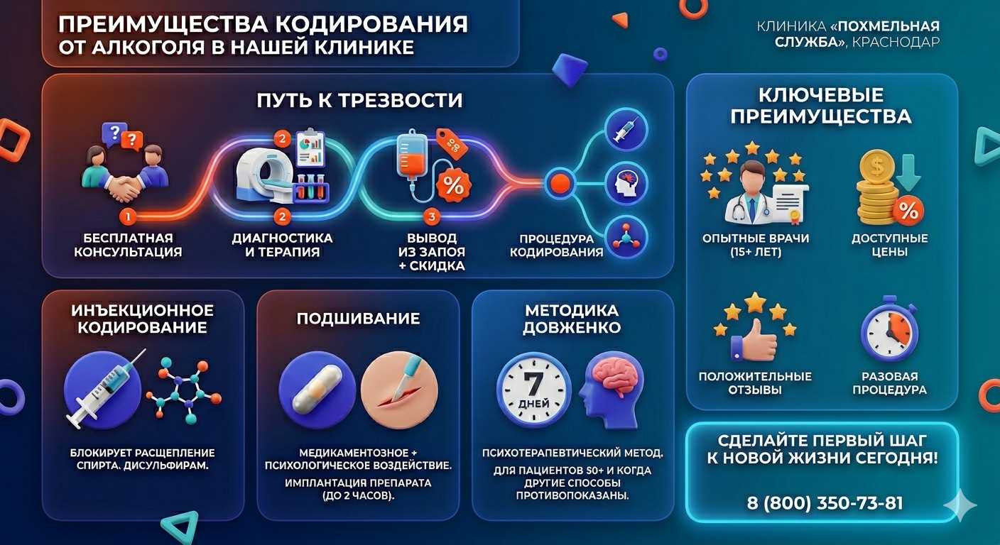 Инфографика о методах кодирования от алкоголя в Северске: инъекции, подшивание, метод Довженко. Преимущества клиники и этапы лечения.